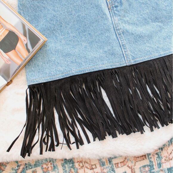 Vintage 90's D'Mode Classix Denim Skirt with Fringe - Picture 7 of 16